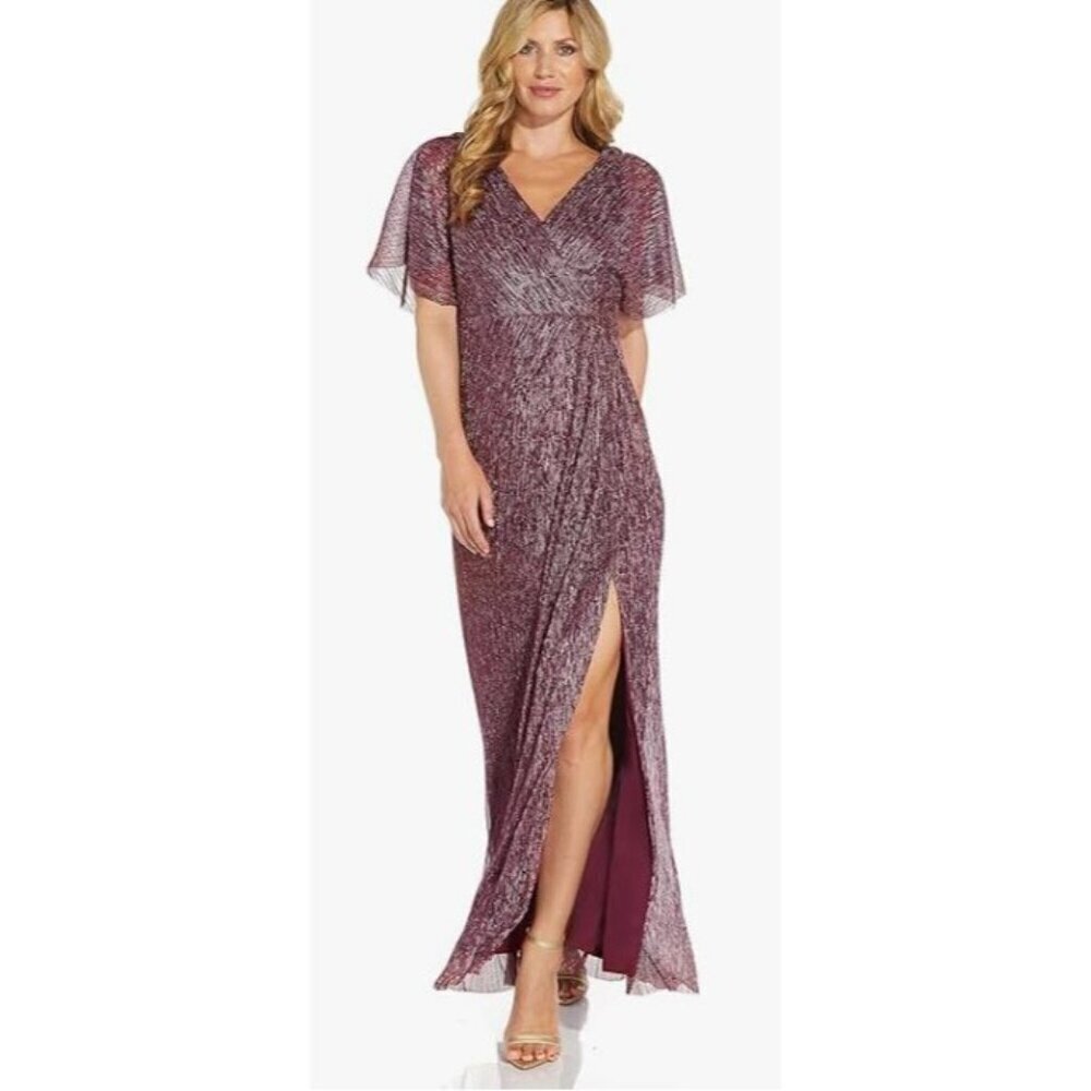 Adrianna Papell $199 Metallic Burgundy Blouson Gown Maxi Dress Size 8 NWT